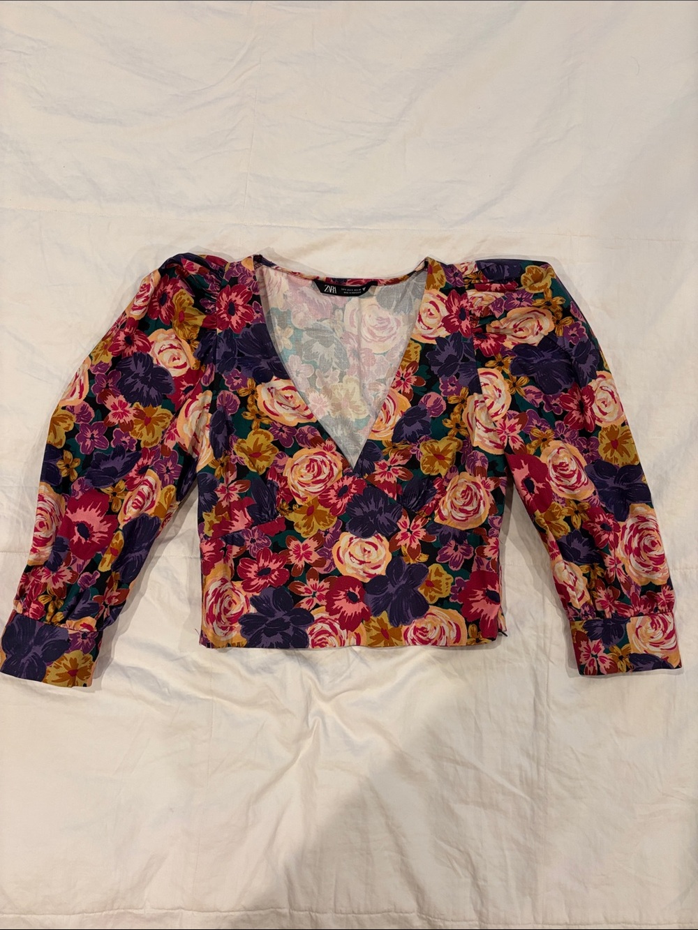 Zara Floral V-Neck Crop Top in Pink, Purple and Yellow